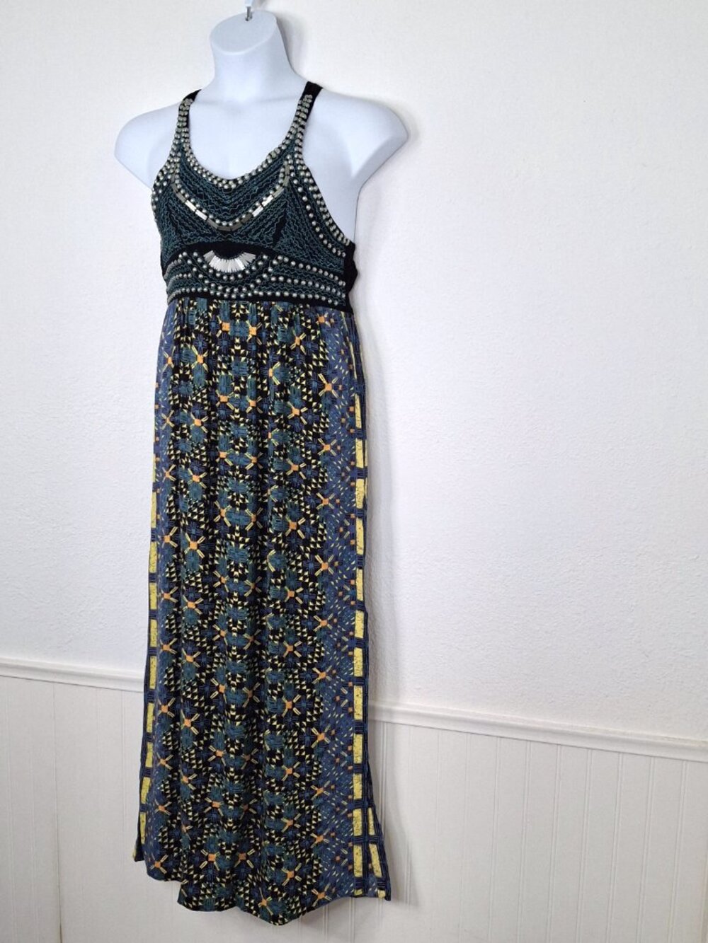 Angie Maxi Dress Sz L Embroidered Beaded Gypsy Boho Festival Hippie 90s Y2K - Picture 2 of 16